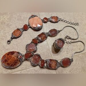 Sajen Sterling Silver 925 Fire Agate Necklace Ring Bracelet Set